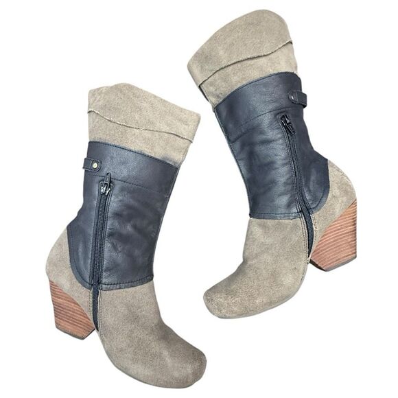 OTBT Mid Calf Mixed Media Boots Taupe Suede Black Leather Block Heel Stacked Hee - Picture 2 of 8